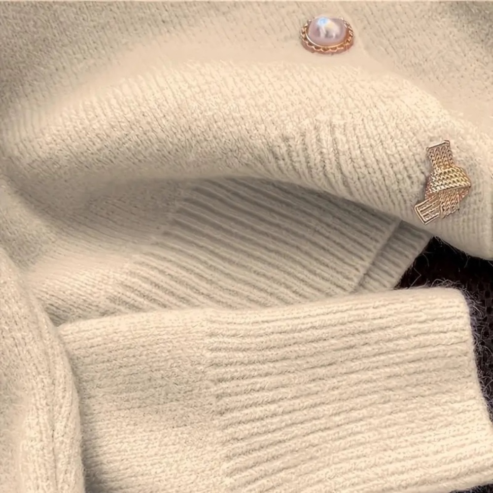 Crew Neck Cardigan Beaded Button Front Long Sleeve Apricot - Picture 2 of 5